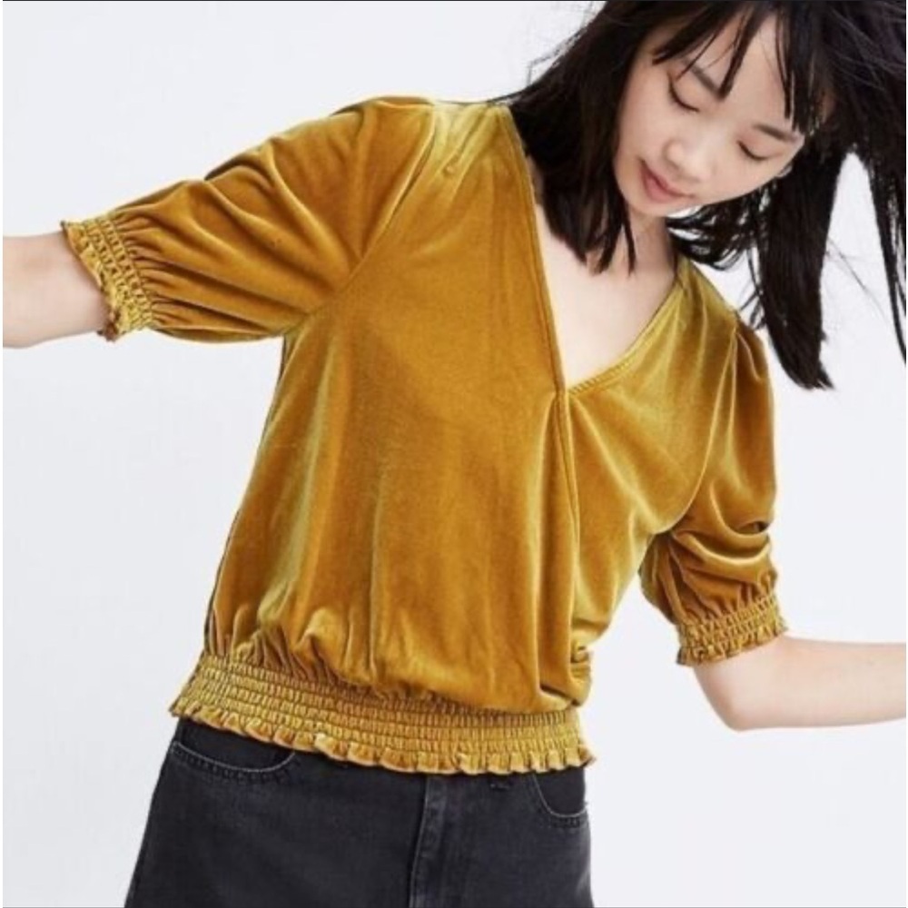 Madewell velvet top vneck smocked hem size large mustard yellow new